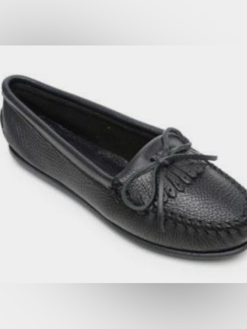 Minnetonka Black Leather Kilty Bow Moccasin